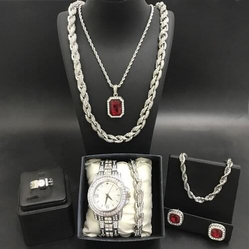 Luxury Men Silver Color Watch & Neckacle & Braclete & Ring & Earrings Combo Set Ice Out Cuban Jewerly Hip Hop Necaklce For Men