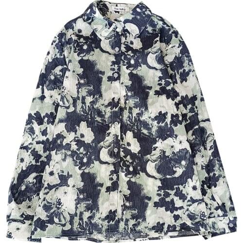 Vintage style ink tie-dye lazy wind early autumn Korean turn-down collar buttoned loose long-sleeved shirt