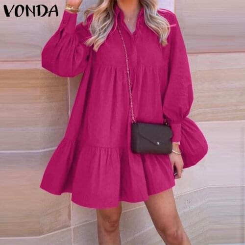 VONDA 2021 Sundress Women Dress Lapel Collar Solid Color Pleated Puff Sleeve Mini Dresses Button Up Ruffled Hem Shirts Vestido