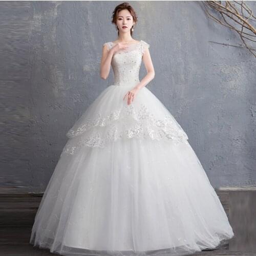 Wedding Dress Illusion O-Neck Sleeveless Tulle Lace Sequined Embroidery Crystal Floor-Length Luxury White Women Bridal Gown G512