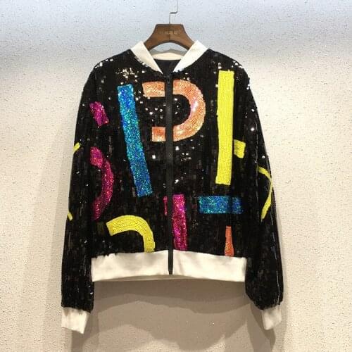 Cakucool European Womens Baseball Jacket Shiny Sequins Letters Embroidery Long Sleeve Outerwear Loose Cardigan Zip-up Jackets