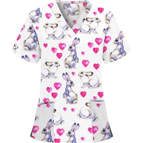 Women Short Sleeve V-neck Tops Pocket Working Uniform Cartoon Print Blouse Ladies Overalls Nurse Accessories Медицина Одежда New