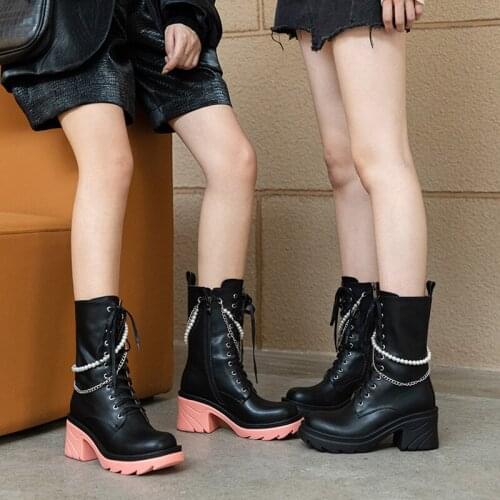 QZYERAI 2021 New Fashion Motorcycle Boots Leather Winter Newest Platform Chunky Heels Shoes Woman Night Club Ankle Boots