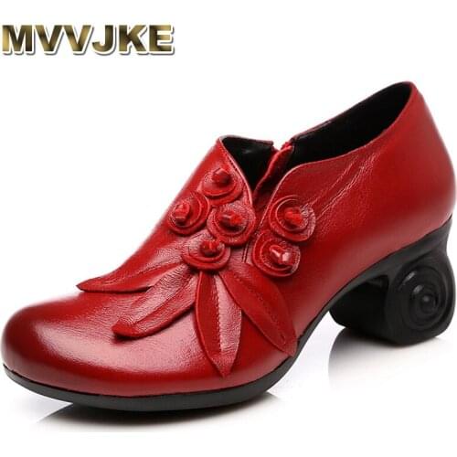 MVVJKE Flower Genuine Leather women pumps high heels shoes for women Female Soft Autumn Handmade office Shoes E168