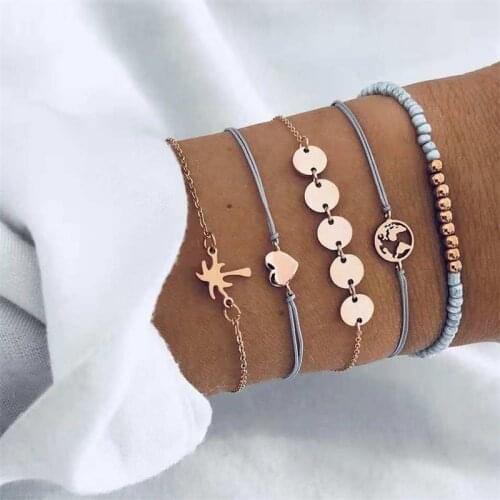 Bohemian Feather Flower Bracelet Woman New Fashion Beaded Chain Bracelet Multilayer DIY Handmade Jewelry Gift 5PCS / set