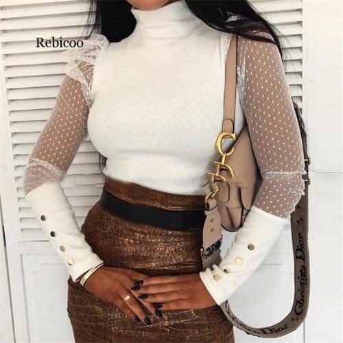 Ladies Sweater Elegant Sheer Puff long Sleeve Ladies Polka Dot Sweater Office Turtleneck Streetwear Sweaters Two Colors