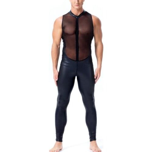 Men Hot wetlook Faux Leather Mesh lingerie bodysuit erotic Open Crotch pvc Catsuit Zipper Latex Catsuit Fetish Wear Sexy Costume
