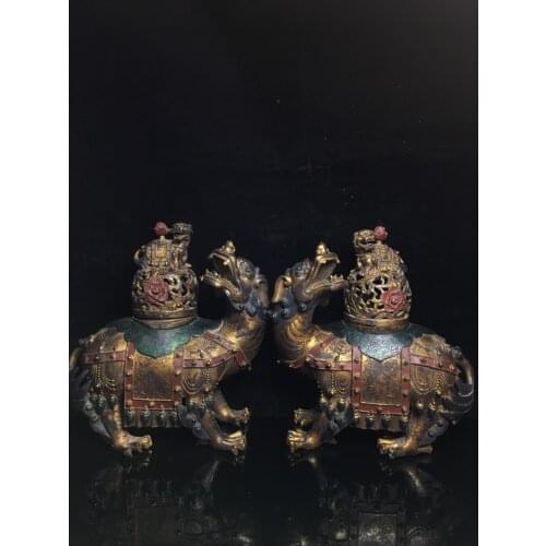 11"Tibet temple Old Bronze Cinnabar Lacquer Tracing Turning Beast Incense Burner A pair Lion statue Incense Town House Exorcism