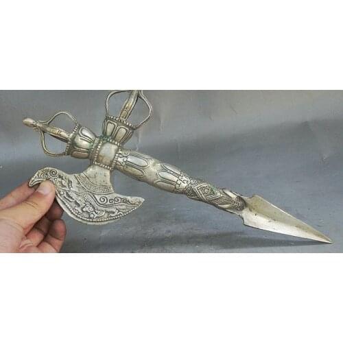 12" Collect Tibet Buddhism Silver Exorcism Eagle Dragon Axe Phurba Dagger Holder