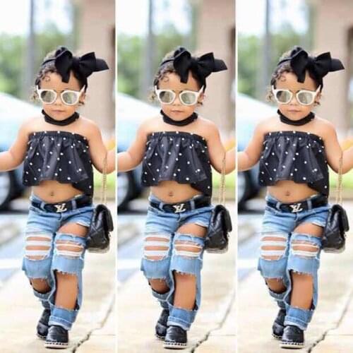 2018 Summer girl outfits / Black polka dot tube top + Jeans leggings + headband