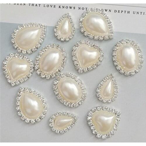 50pcs Heart/Oval/Water Flatback Rhinestone Crystal & Ivory Pearl Cluster Button For Ribbon Scrapbook Craft Hair Bow Decorartion