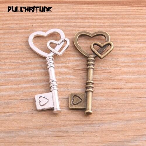 6pcs 20*43mm Two Color Heart Key Charms Pendants Handmade Decoration Vintage For DIY Jewelry Making Findings