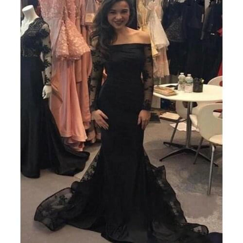 Black Evening gown Sexy Offer The Shoulder Long Sleeve Prom Bridal With Lace Appliques Mermaid Floor Length robe sirene soirée