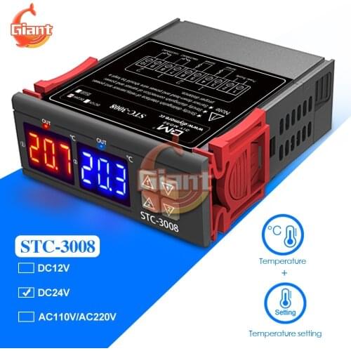 STC-3008 24V Dual Digital Incubator Thermostat Temperature Controller Two Relay Output 10A Heating Cooling Temperature Regulator