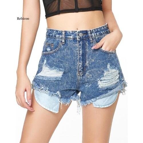 Denim shorts womens snowflake ripped Sexy Hole Denim Shorts With Tassel Women Summer Mid Waisted Button Zipper Pockets