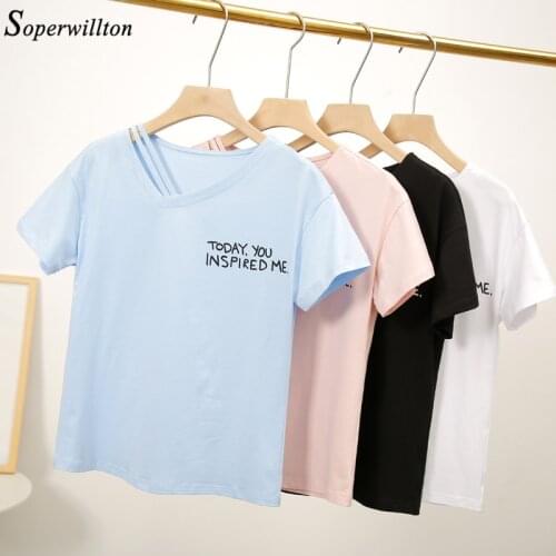 Soft Fashion Women Shirts Sexy Cotton V-Neck Short Sleeve Female Tshirt Ladies Tops 2019 Summer Casual Letter T Shirt Blue Pink