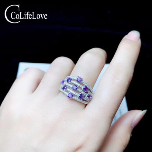 CoLife Jewelry Natural Amethyst Ring 9 Pieces 3mm Round Amethyst Silver Ring 925 Silver Amethyst Jewelry Birthday Gift