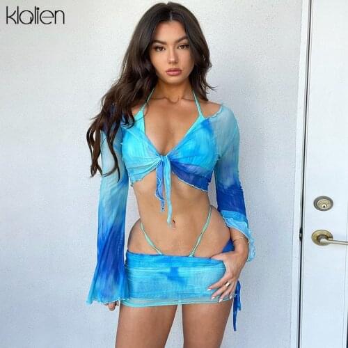 KLALIEN Spring Autumn Women Fashion Casual Print Mesh Two Piece Skirt Set Club Vacation Beach Streetwear Sexy Skirt Set New