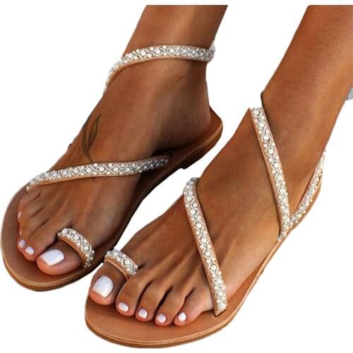 Summer Women Flat Sandals Sweet Bohemian Pearl Decorative Sandals Female Beach Holiday Shoes Pu Leather Flat Shoes#G30