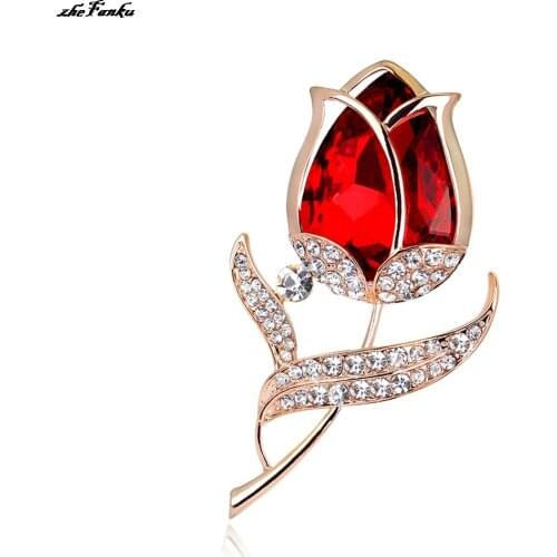 Fashion Accessories Red Rose Crystal Flower Brooch Pin Rhinestone Alloy Brooches For Women Birthday Gift