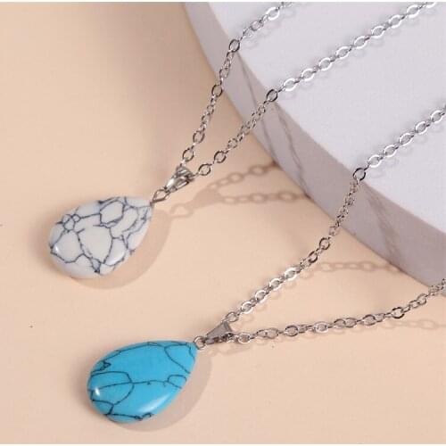 Trendy Ladies Water Drop Shape White Green Natural Cracked Stone Necklaces Pendants For Women Silver Color Metal Chain Necklace