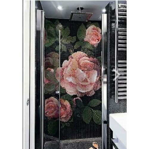 Puzzle Art Full Bloom Roses Glass Mosaic Tile Mural Wall Decoration for Bathroom Shower Living Room Entrance Hall