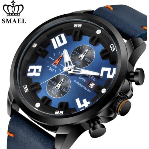Mens Watches Luxury Brand SMAEL Chronograph Top Sport Quartz Wristwatch Men Three Eyes Date Clock Male Military Waterproof Watch
