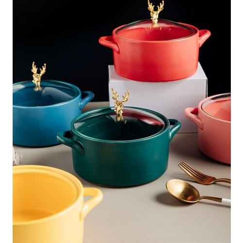 Nordic Ceramic Noodle Bowl with Transparent Deer Head Lid 850ml Household Portable Binaural Soup Bowl Microwave Oven Use Bowls