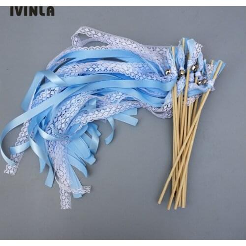 Newest 50pcs/lot light blue Lace Wedding Ribbon Wands and big Bells for wedding decoration