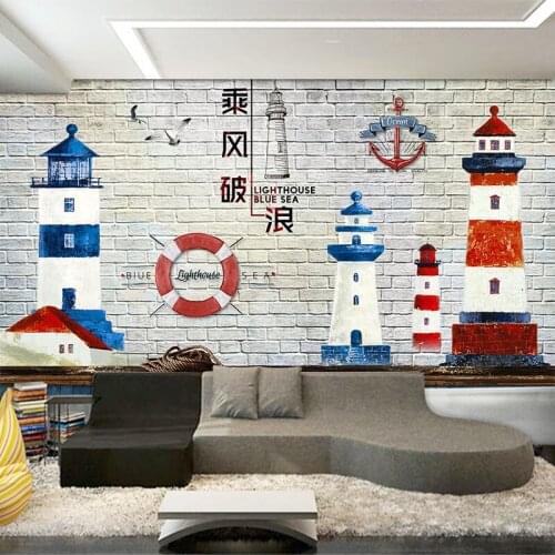 Beibehang Custom Mediterranean style living room childrens room lounge brick wall paintings lighthouse TV background wall paper