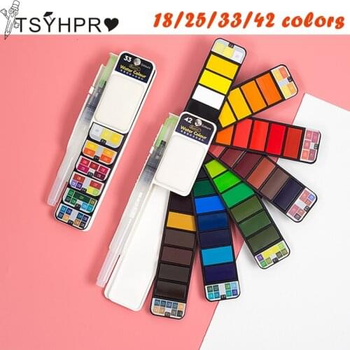 Professional Solid Watercolor Paint Set :18/25/33/42 Colors Art Set With Water Brush Pen Foldable Water Color Painting Pigment