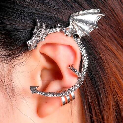DoreenBeads Ear Cuff Clip On Stud Wrap Earrings For Left Ear silver color Dragon 62mm(2 4/8") x 56mm(2 2/8"), 2 PCs