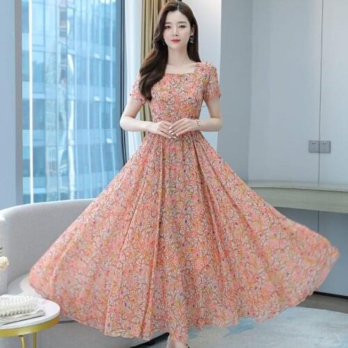 Fresh Plus Size Floral Long Women Summer Dress Fashion Short Sleeve Chiffon Slim Korean Elegant Printed Female Vestidos zh1095