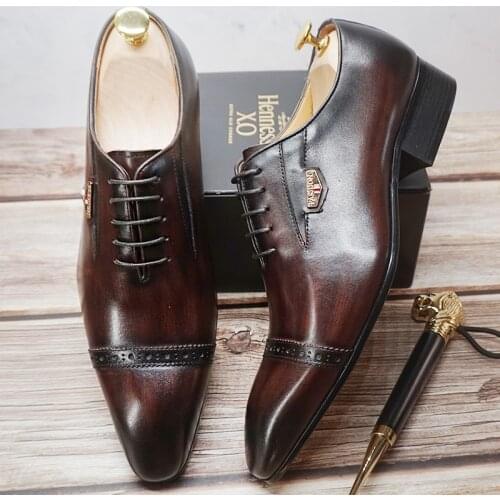 Fashion Brand Men Oxford Shoes Lace Up Pointed Cap Toe Genuine Leather Black Brown Mens Dress Shoes Wedding Office Formal Shoes