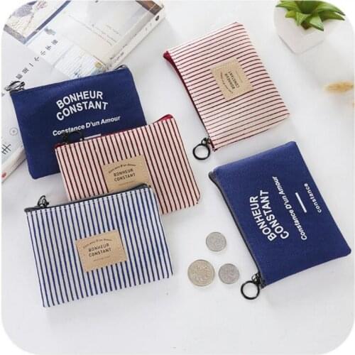 Unisex Canvas Coin Bag Purse Women Stripe Coin Money Card Holder Wallet Case Zipper Key Storage Pouch For Kid Girl Gift
