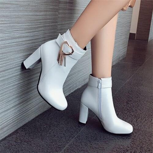 Ankle Boots For Women white black Round head Thick Heel Zipper Fashion Shoes Solid Color Outdoor Winter Footwear Size 32-43