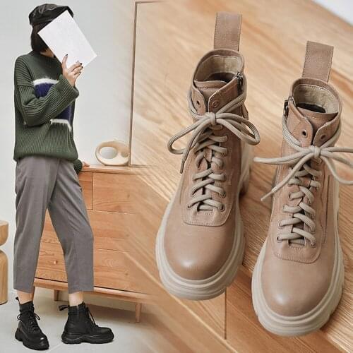 Fashion Women Autumn Winter Platform Shoes Ladies Genuine Leather Ankle Boots Round Toes Zipper Martin Boots Girls Black Beige