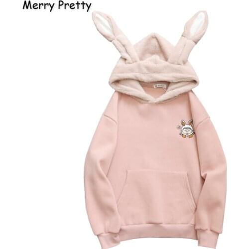 Merry Pretty Women Cartoon Print Hoodies Sweatshirts With Ears On Hood 2020 Winter Warm Plus Velvet Long Sleeve Hooded Pullovers