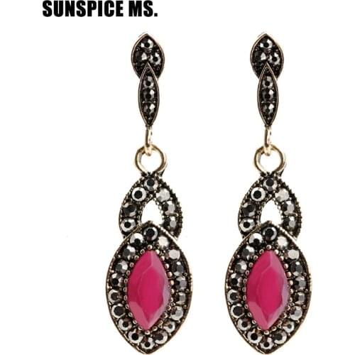 Behemia Vintage Ellipse Stone Long Hook Drop Earrings For Women Antique Gold Color Resin Jewelry Turkish Ethnic Wedding Earrings