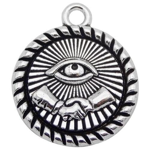 Julie Wang 10PCS Round Evil Eye Charms Antique Silver Color Shake Hands Tag Pendant Punk Jewelry Making Accessory