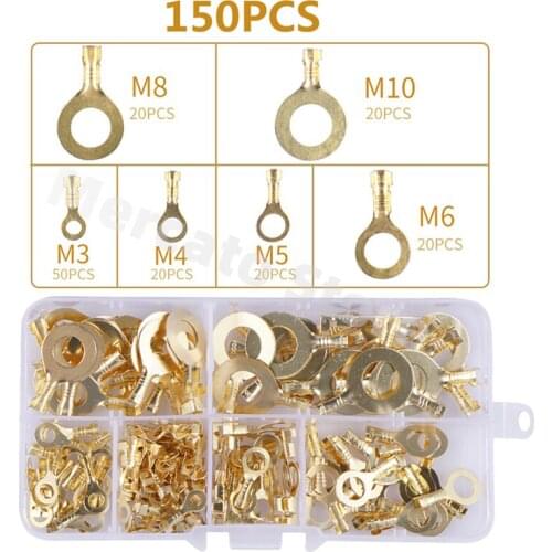 150PCS M3 M4 M5 M6 M8 M10 Ring Lugs Ring Eyes Copper Crimp Terminals Cable Lug Wire Connector Non-insulated Assortment Kit