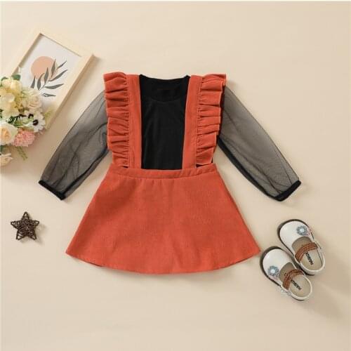 2Pcs Toddler Fashion Outfits, Sheer Long Sleeves Stitching T-Shirt +Corduroy Ruffled Suspenders Skirt for Girls, 18Months-6Years