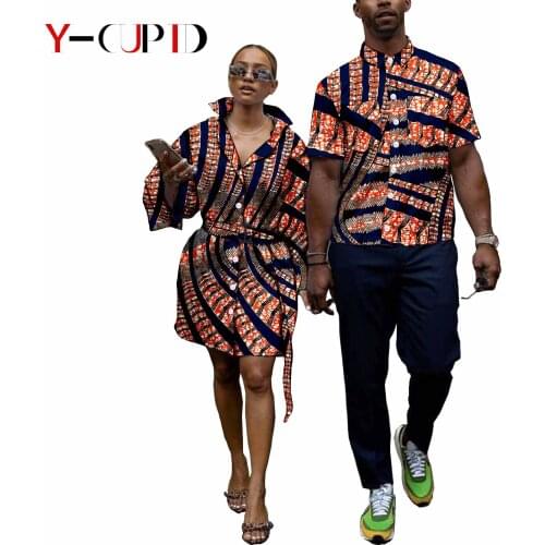 African Clothes for Couples Casual Women Print Long Loose Shirts Dress Waistbelt Matching Men Ankara Shirts Bazin Riche Y21C010