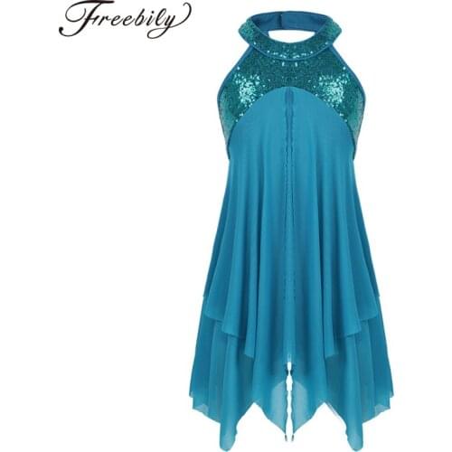 Kids Teens Halter Sequin Ballet Leotard Dress Criss cross Back Girls Gymnastics Leotard Lyrical Contemporary Dance Costumes