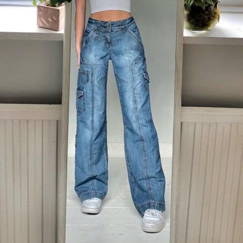 Streetwear Straight High Waist Jeans Women Fashion Pockets Cargo Pants y2k Denim Trousers Vintage Clothes Long Jeans