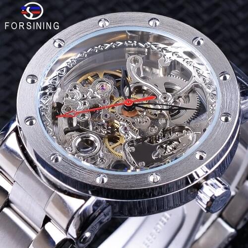 Forsining Fashion Silver Skeleton Wristwatch Black Red Pointer Silver Stainless Steel Belt Waterproof Automatic Watches for Men
