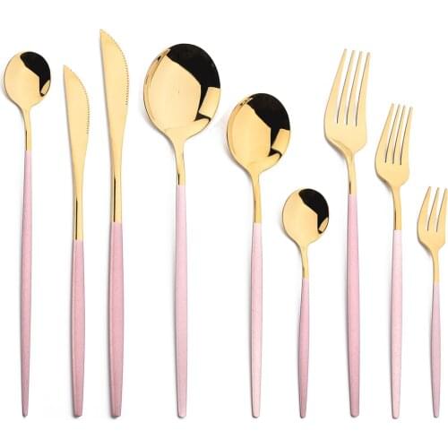 JANKNG Pink Gold Cutlery Flatware Set Wedding Party Stainelss Steel Silverware Dinnerware Fork Spoons Knives Dessert Tableware