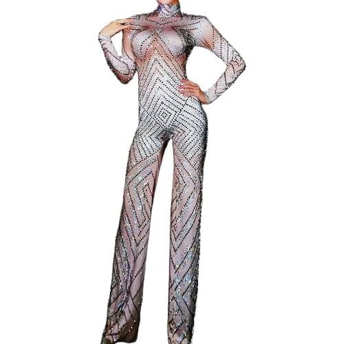 Glitter Diamonds Women Long Sleeve Loose Legs Jumpsuits Fashion DJ Singer Jazz Dance Stage Wear Nightclub Evening Prom Romper