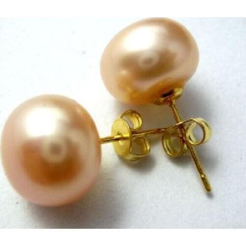 Beautiful natural south sea 11-12mm pink pearl earring 14k/20 yellow gold needle