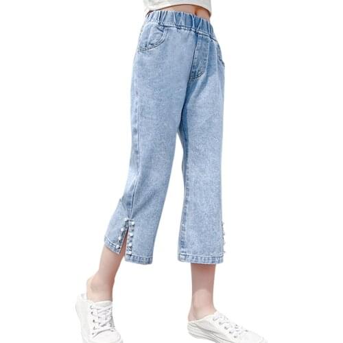 Summer Jeans For Girl Pearls Kids Girl Jeans Casual Style Jeans Kid Summer Childrens Clothing 6 8 10 12 14
